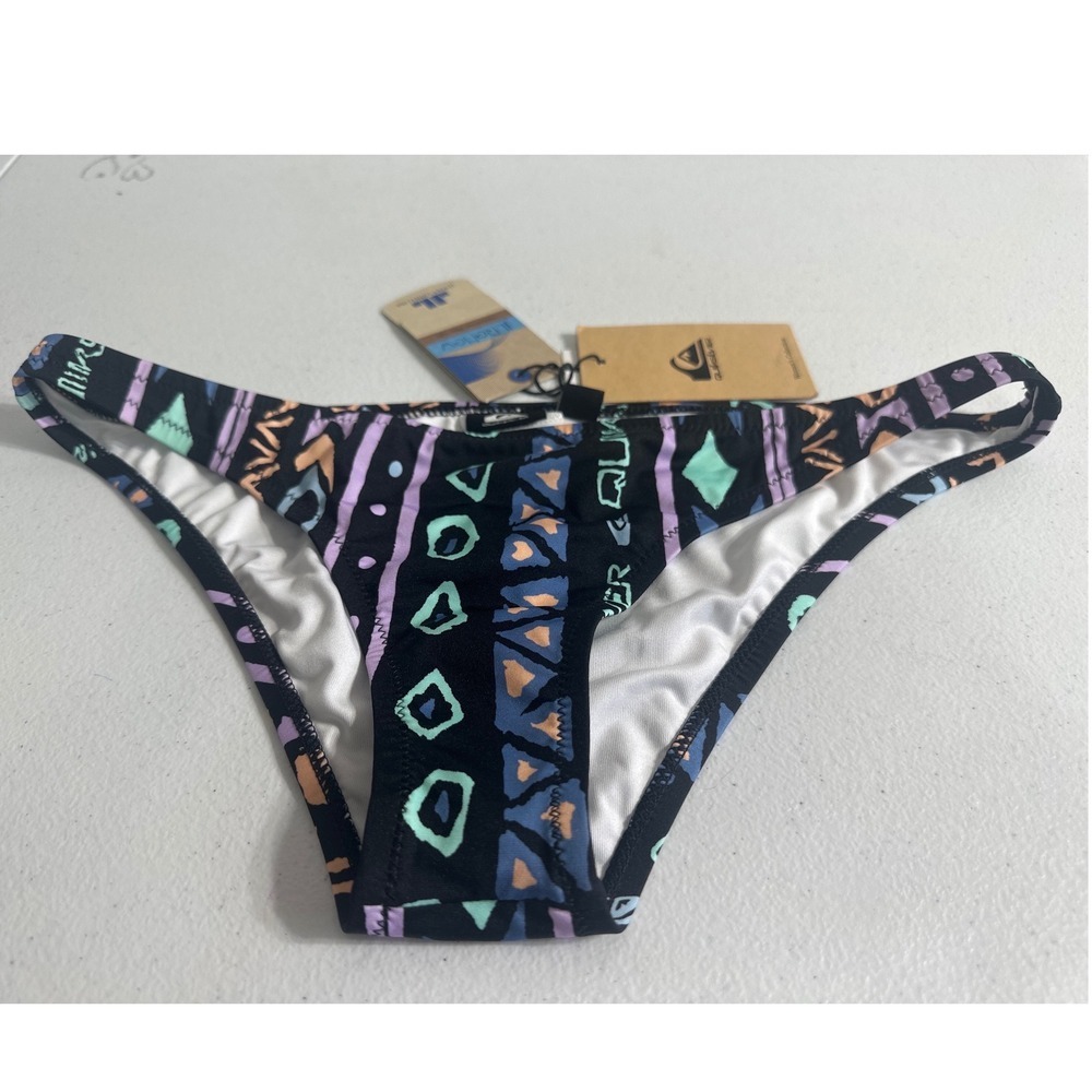 NWT Quiksilver Womens Geometric Tribal Print Bikini Bottom Black Multi Size M